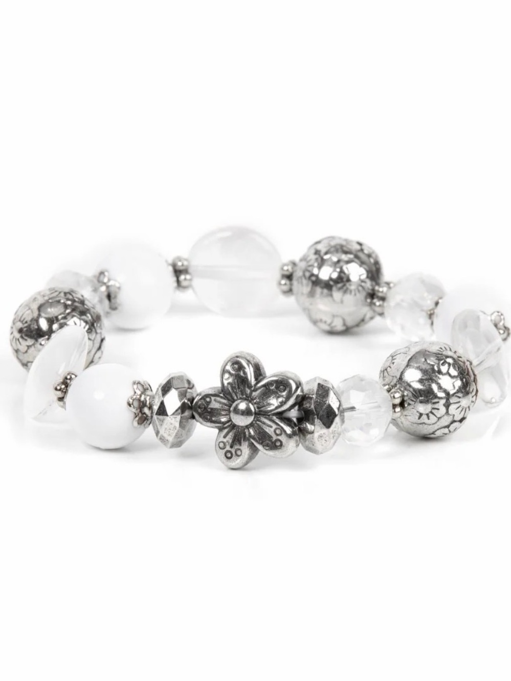 paparazzi White and Silver Floral Stretch Bracelet